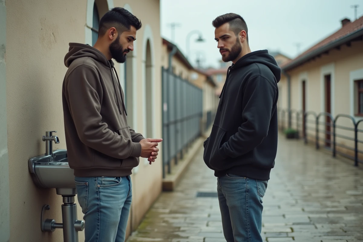 Deux hommes musulmans effectuant les ablutions avant la prière dans la cour d'une mosquée en banlieue française à Mantes-la-Jolie