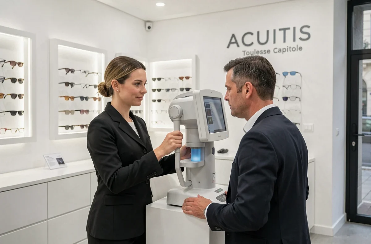 Opticienne d'ACUITIS Toulouse Capitole guidant un client lors d'un examen de vue avec un équipement de réfraction numérique moderne dans un espace design blanc