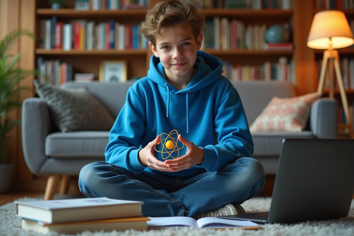 Adolescent avec modèle atomique dans un salon cosy