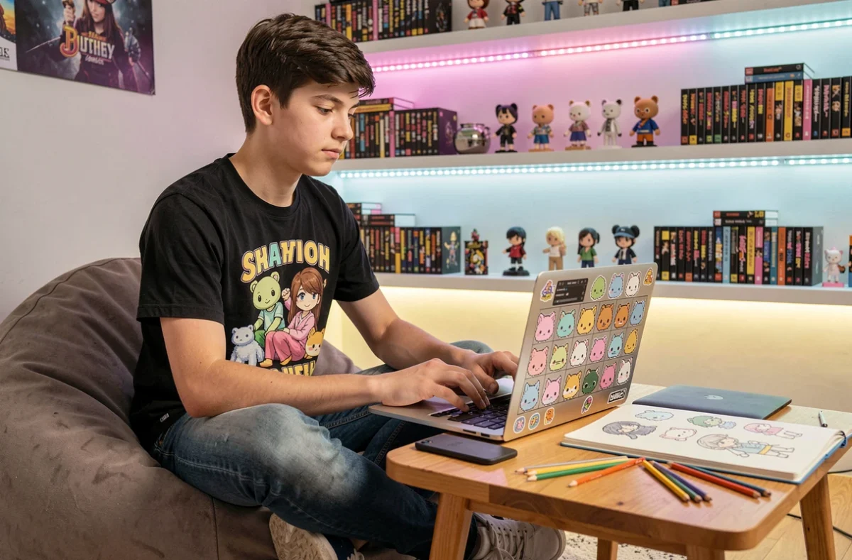 Adolescent créant du pixel art kawaii sur ordinateur portable dans une chambre gaming décorée de stickers et figurines