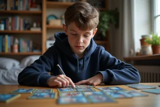 Adolescent en hoodie bleu marine étudiant son deck Pokémon Pocket sur un bureau en bois dans une chambre cosy