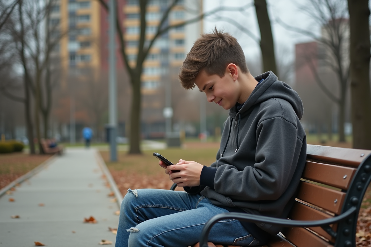 Adolescent seul sur un banc de parc utilisant son smartphone