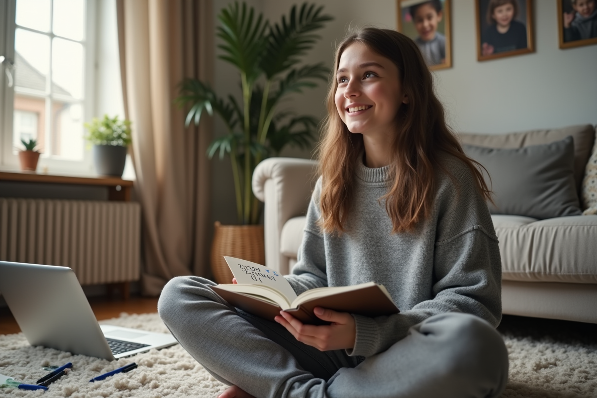 Adolescente avec carnet de binaire dans un salon lumineux