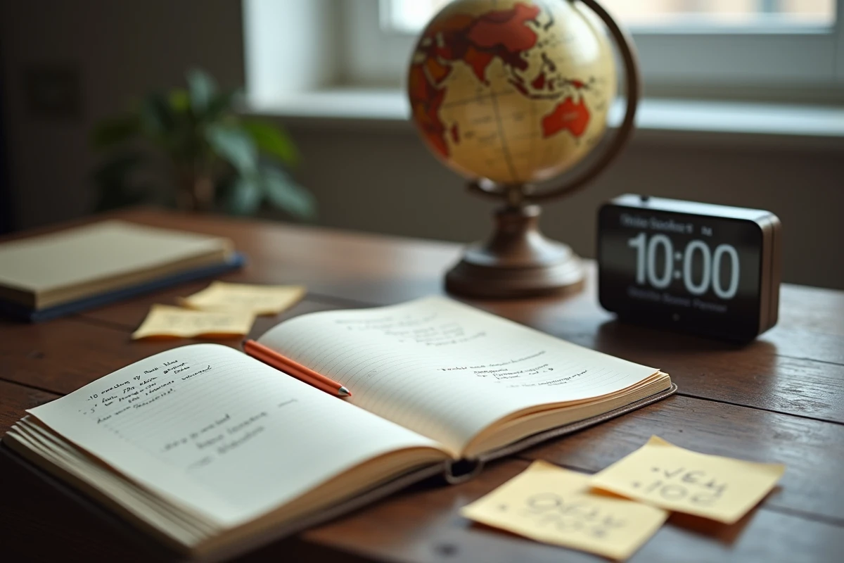 Agenda ouvert avec notes sur les fuseaux horaires, globe terrestre ouvert sur l'océan Indien et horloge numérique posés sur un bureau en noyer