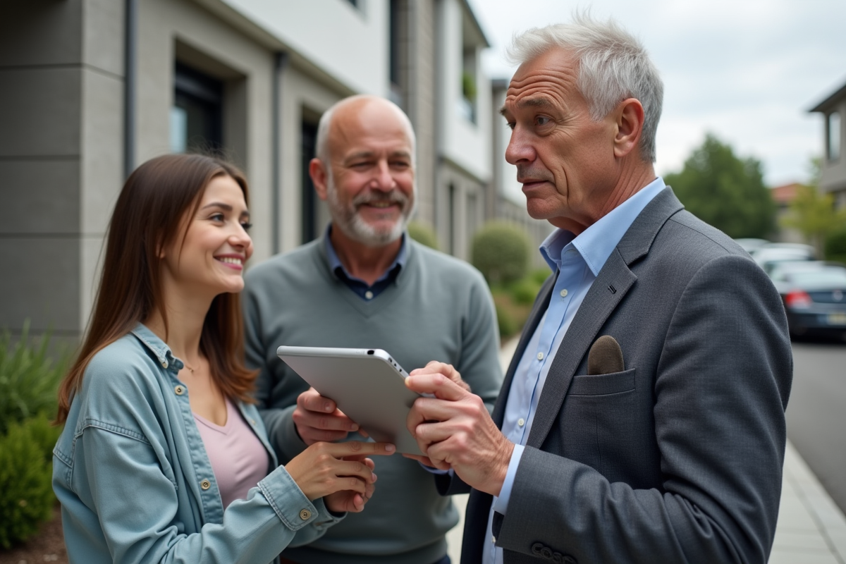 Agent immobilier montrant une visite virtuelle à un couple dehors