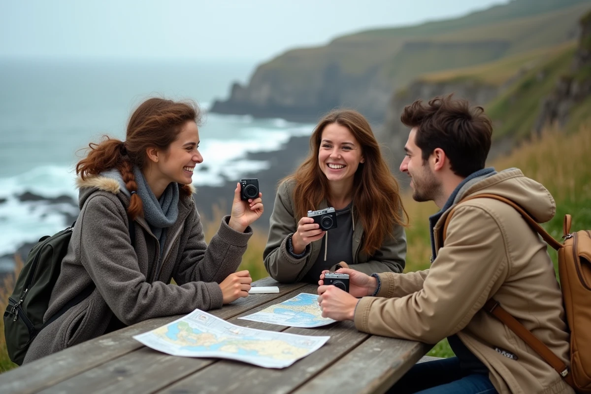 Groupe d'amis photographiant avec un appareil jetable réutilisable lors d'un road trip sur une falaise côtière