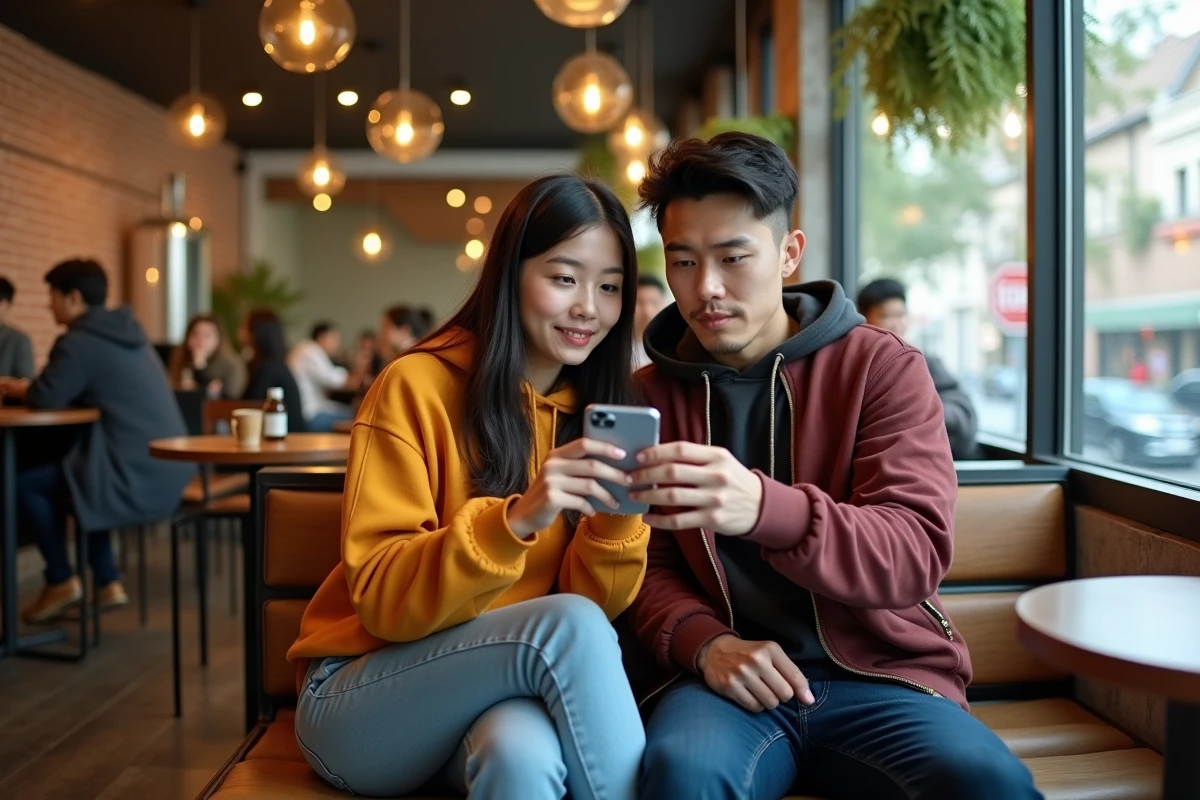 Deux amis découvrant ensemble des séries animées sur smartphone dans un café urbain moderne