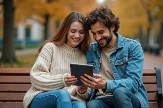 Deux jeunes amis lisant un webtoon ensemble sur une tablette dans un parc en automne