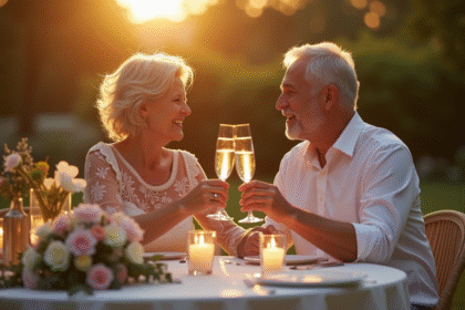 Couple mature célébrant 25 ans de mariage en extérieur