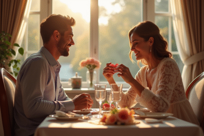 Couple heureux célébrant leur anniversaire de mariage à la maison
