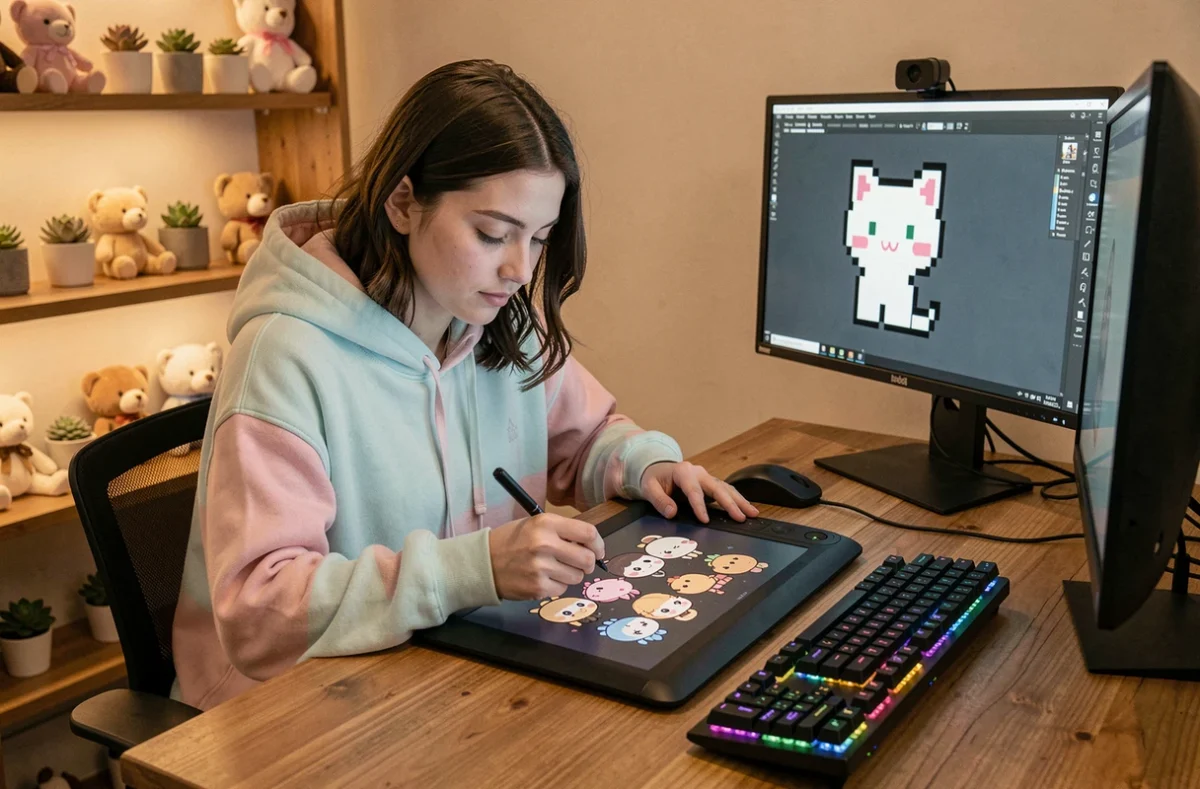 Jeune femme dessinant du pixel art kawaii sur tablette graphique dans un studio cosy avec décoration pastel