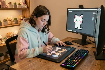 Jeune femme dessinant du pixel art kawaii sur tablette graphique dans un studio cosy avec décoration pastel