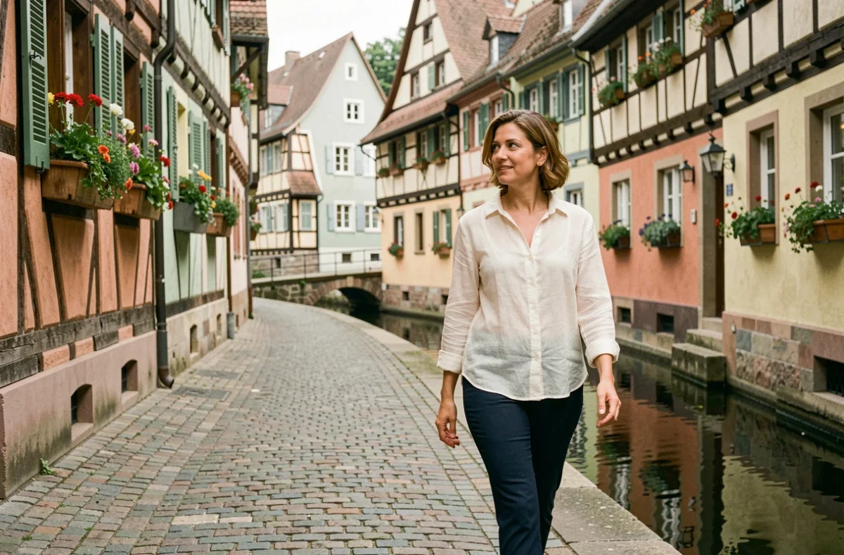 Femme en solo se promenant dans les ruelles pavées de La Petite France à Strasbourg, entourée de maisons à colombages alsaciennes fleuries