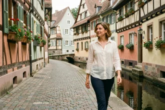 Femme en solo se promenant dans les ruelles pavées de La Petite France à Strasbourg, entourée de maisons à colombages alsaciennes fleuries