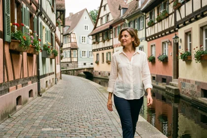 Femme en solo se promenant dans les ruelles pavées de La Petite France à Strasbourg, entourée de maisons à colombages alsaciennes fleuries