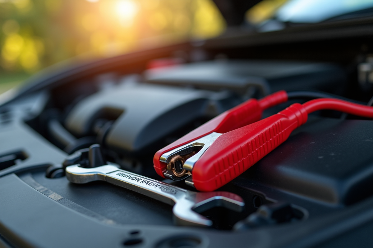 Batterie de voiture neuve avec câbles de démarrage sur le capot en plein soleil