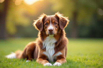 Chien berger australien brun assis dans un parc ensoleille