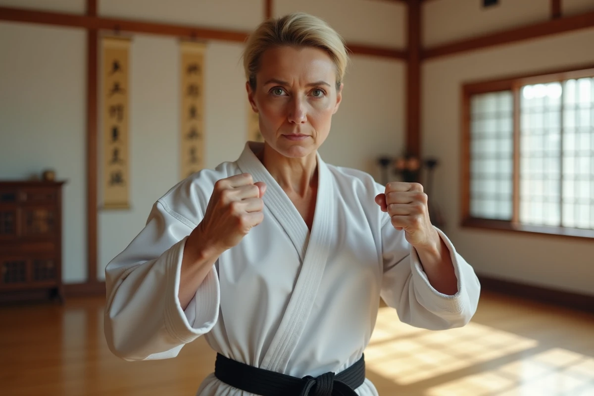 Instructrice d'arts martiaux en gi blanc adoptant une posture de combat dans un dojo traditionnel, illustrant la puissance cachée derrière une apparence trompeuse