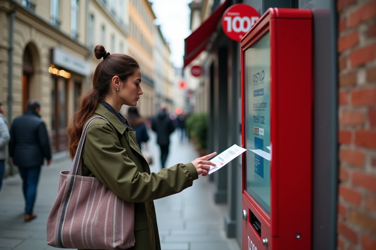 Jeune femme imprimant une étiquette de retour colis sur une borne La Poste en ville