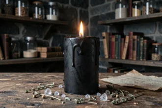 Bougie noire sur table en bois rustique entourée de cristaux et d'herbes séchées symbolisant la protection spirituelle