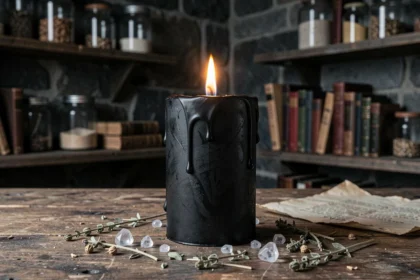 Bougie noire sur table en bois rustique entourée de cristaux et d'herbes séchées symbolisant la protection spirituelle