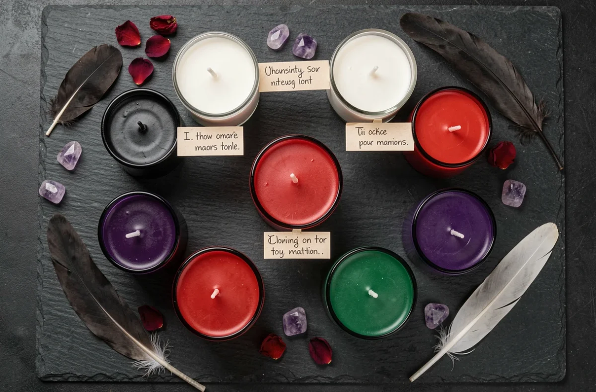 Vue de dessus de bougies de couleurs différentes disposées sur ardoise avec pierres et pétales pour rituel spirituel