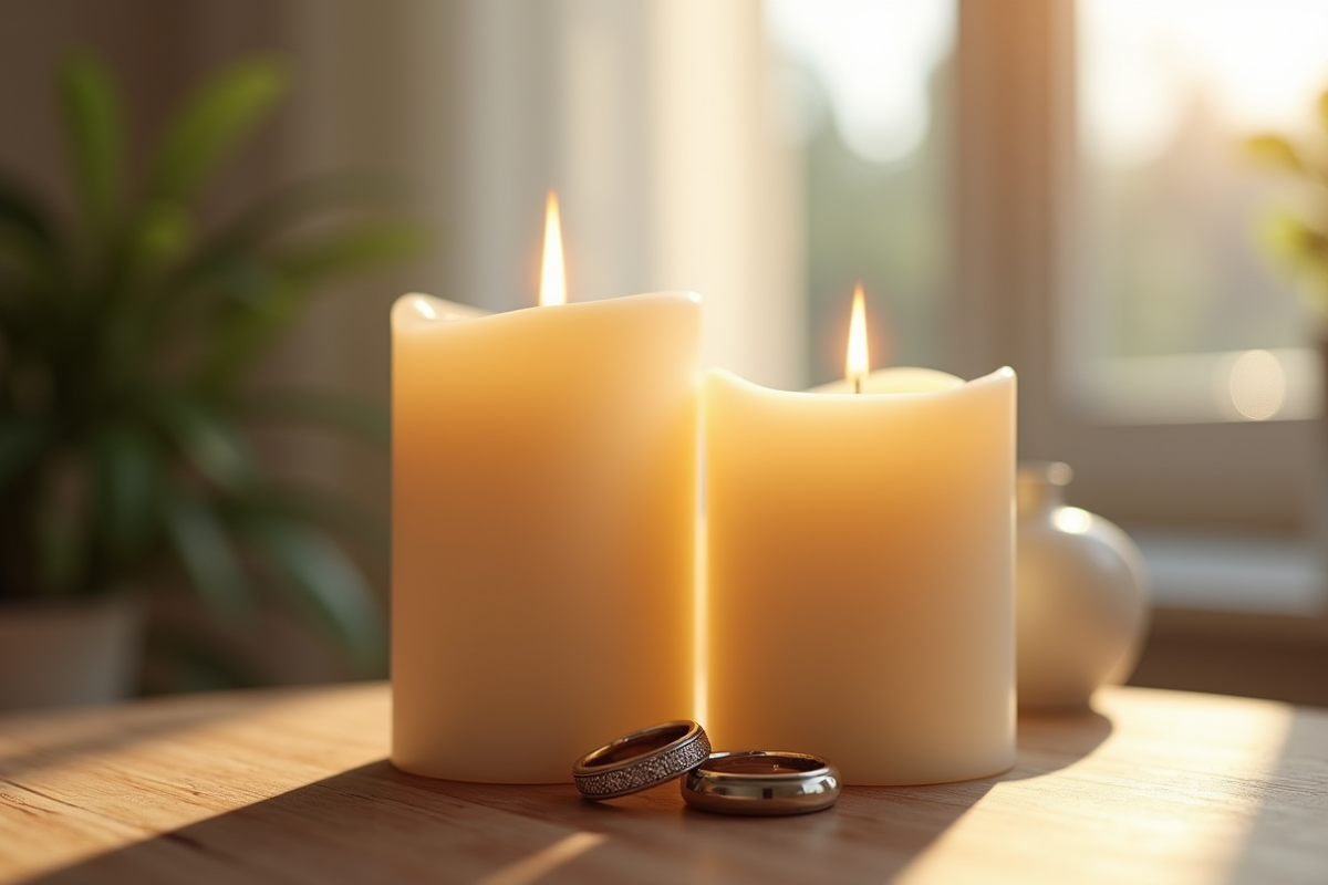Détail de bougies et alliances sur une table en bois