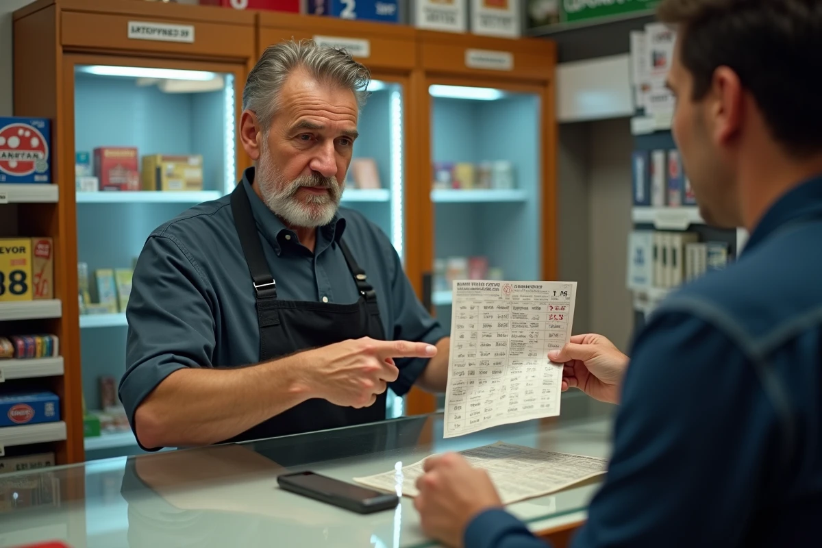 Buraliste expliquant la grille de LOTO FDJ à un client dans un bureau de tabac français