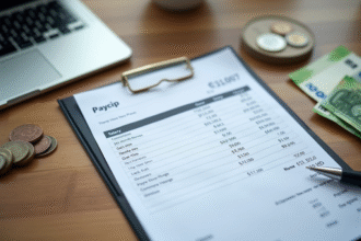 Bureau avec fiche de salaire et pièces d'euros en lumière naturelle