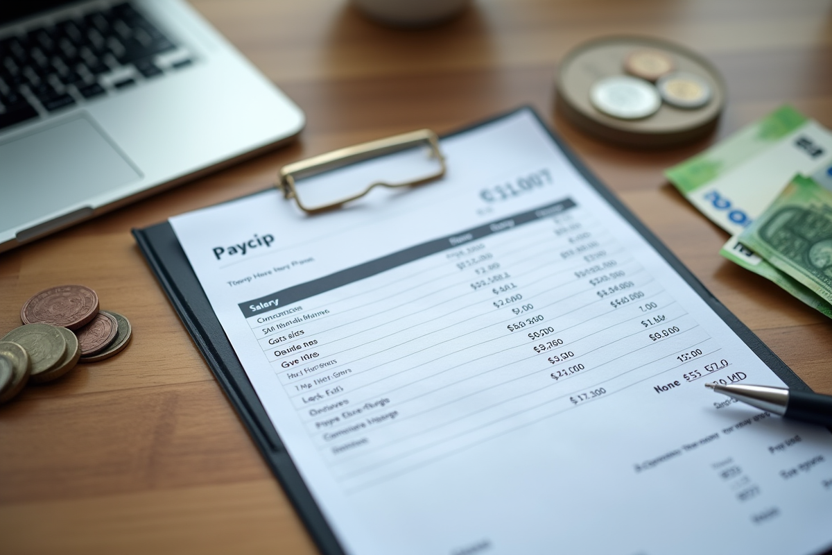 Bureau avec fiche de salaire et pièces d'euros en lumière naturelle