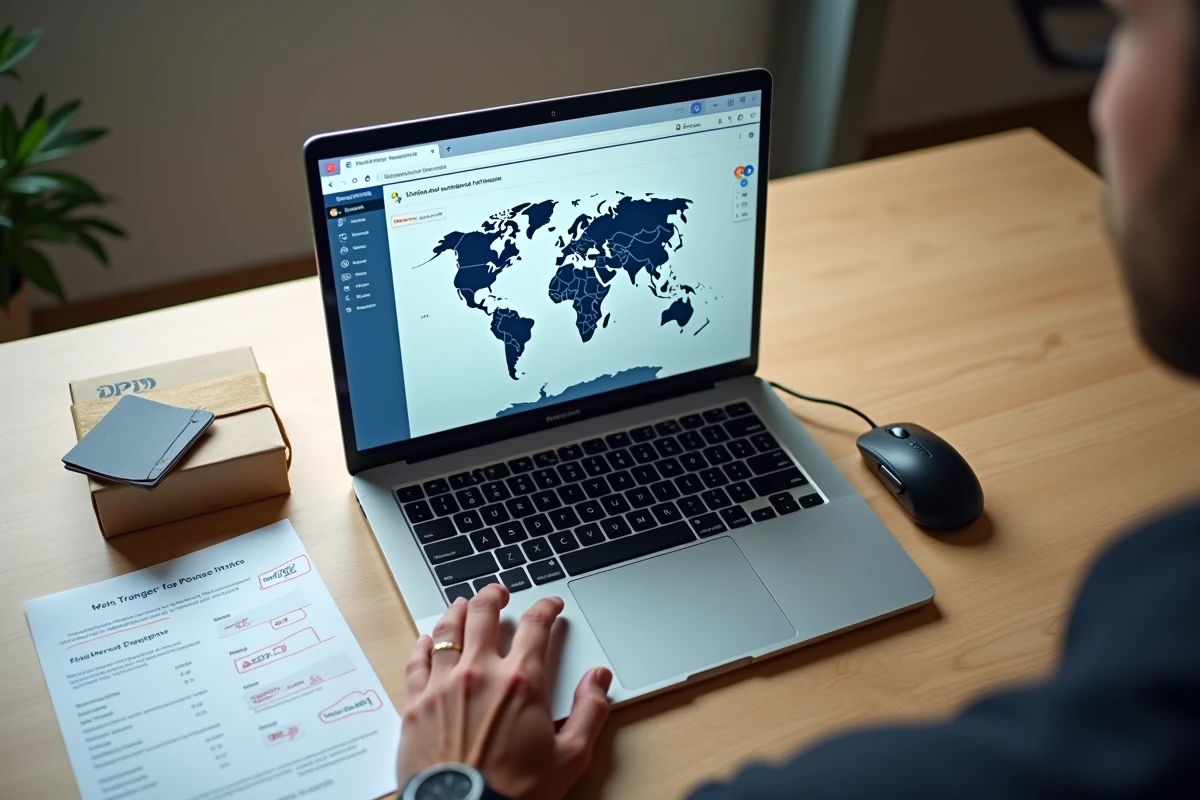 Vue aérienne d'un bureau avec ordinateur affichant le suivi international DPD, étiquette d'expédition et passeport