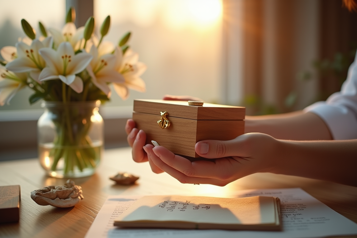 Mains échangeant une boîte en bois avec des lys blancs et une note d