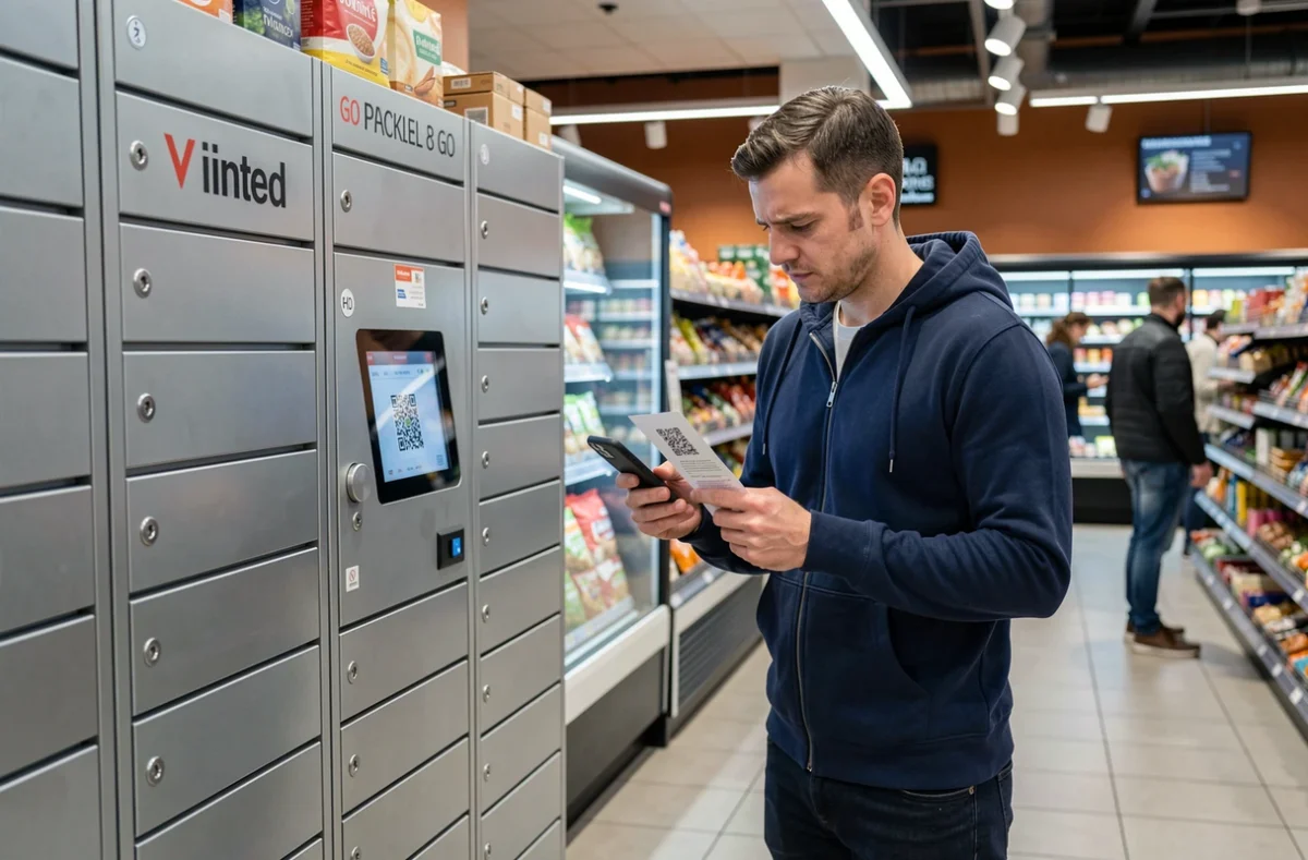 Homme face à un casier de retrait Vinted Go dans un supermarché cherchant à récupérer un colis perdu