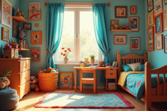 Chambre d'enfant colorée avec jouets et dessins animés