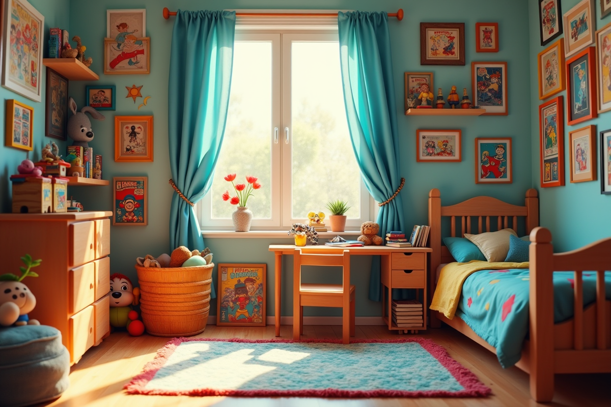 Chambre d'enfant colorée avec jouets et dessins animés