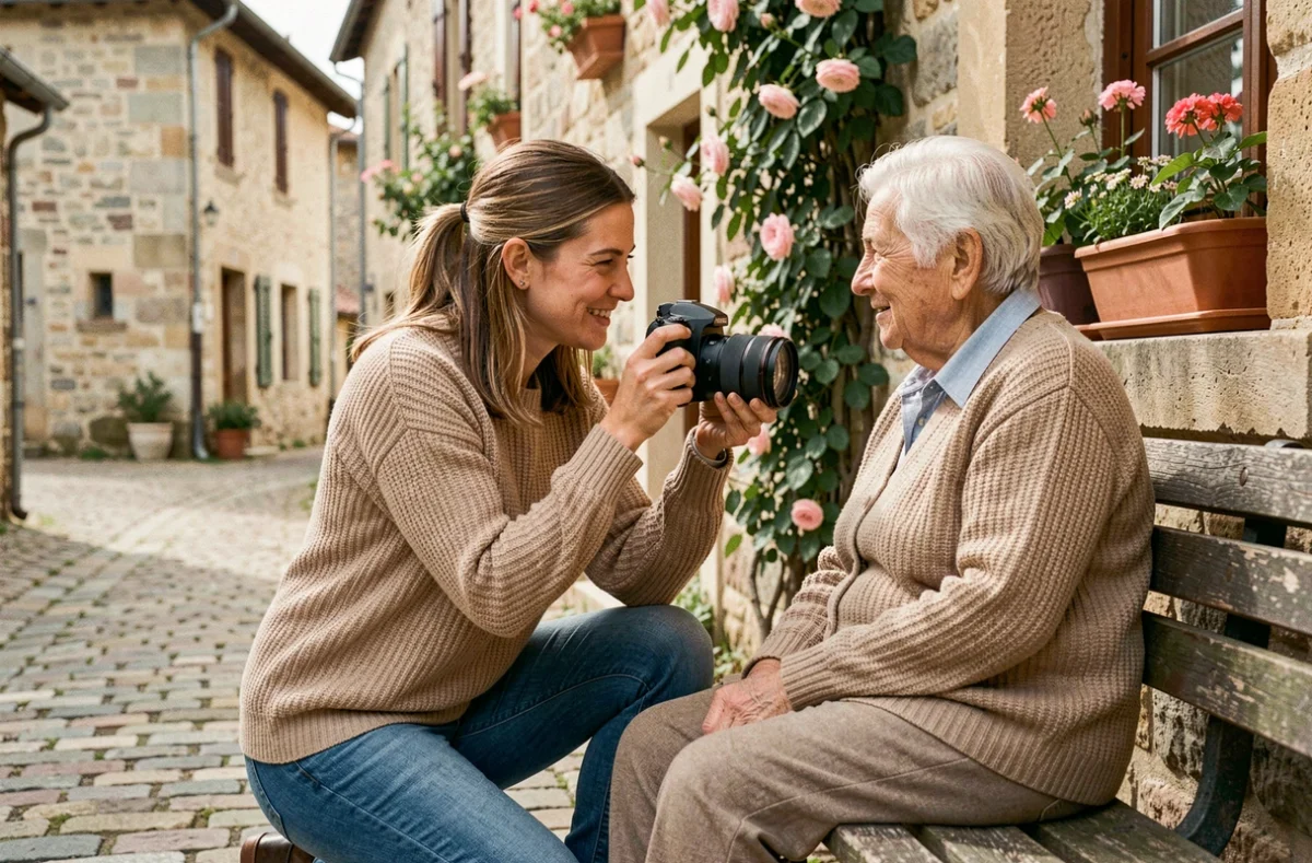 Charlotte photographiant un portrait de vie quotidienne dans un village pittoresque de l'Yonne