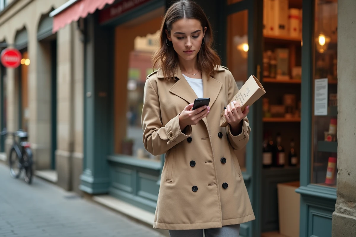 Jeune femme cherchant un point Vinted dépôt colis devant un bureau de tabac en rue française