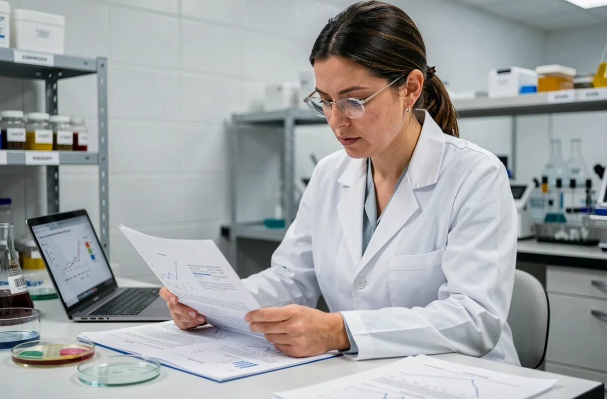Chercheuse en blouse blanche analysant un document scientifique dans un laboratoire moderne, illustrant la démystification entre fiction et réalité