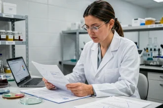 Chercheuse en blouse blanche analysant un document scientifique dans un laboratoire moderne, illustrant la démystification entre fiction et réalité