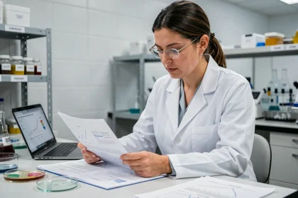 Chercheuse en blouse blanche analysant un document scientifique dans un laboratoire moderne, illustrant la démystification entre fiction et réalité