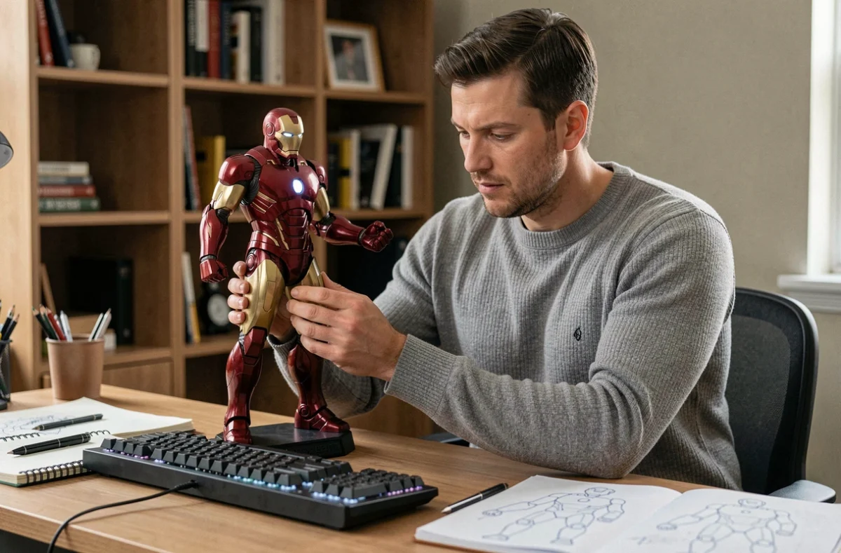 Personne plaçant une statue Iron Man en résine sur un bureau de travail créatif à domicile