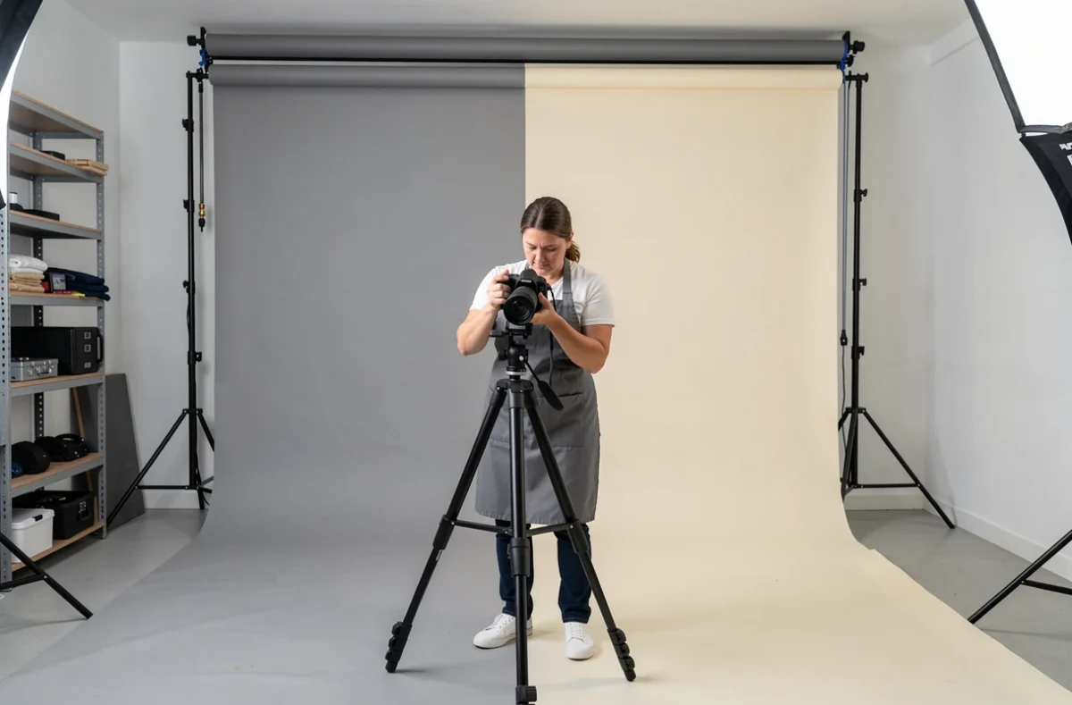 Photographe Christelle dans son studio photo professionnel de l'Yonne en train de préparer une prise de vue