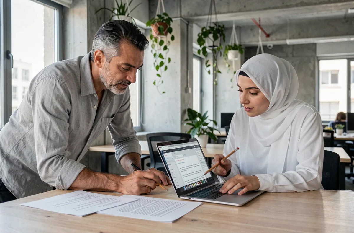 Deux traducteurs marocains collaborant sur la correction d'un texte français dans un espace de coworking moderne à Casablanca