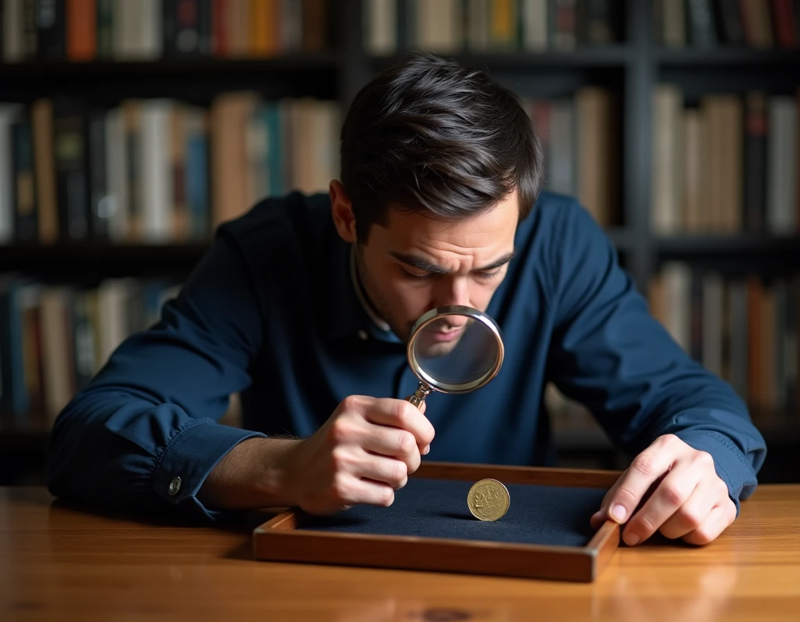 Collectionneur utilisant une loupe pour identifier une pièce de 2 euros rare sur velours sombre