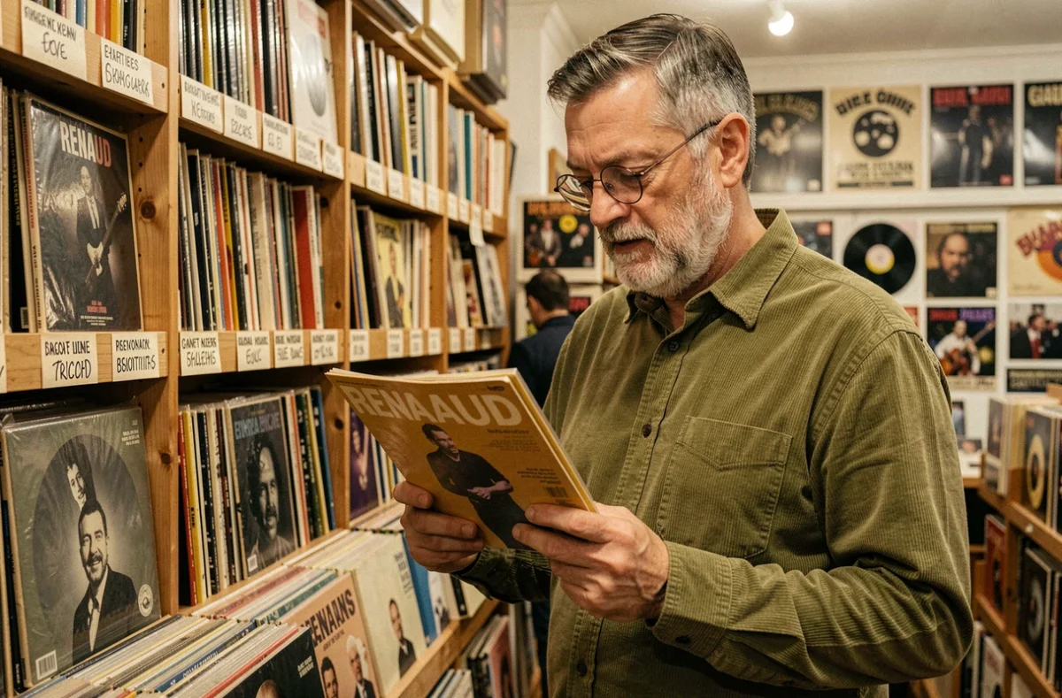 Collectionneur de vinyles tenant un album de Renaud dans un magasin de disques indépendant, illustration de la culture autour des paroles de Lola
