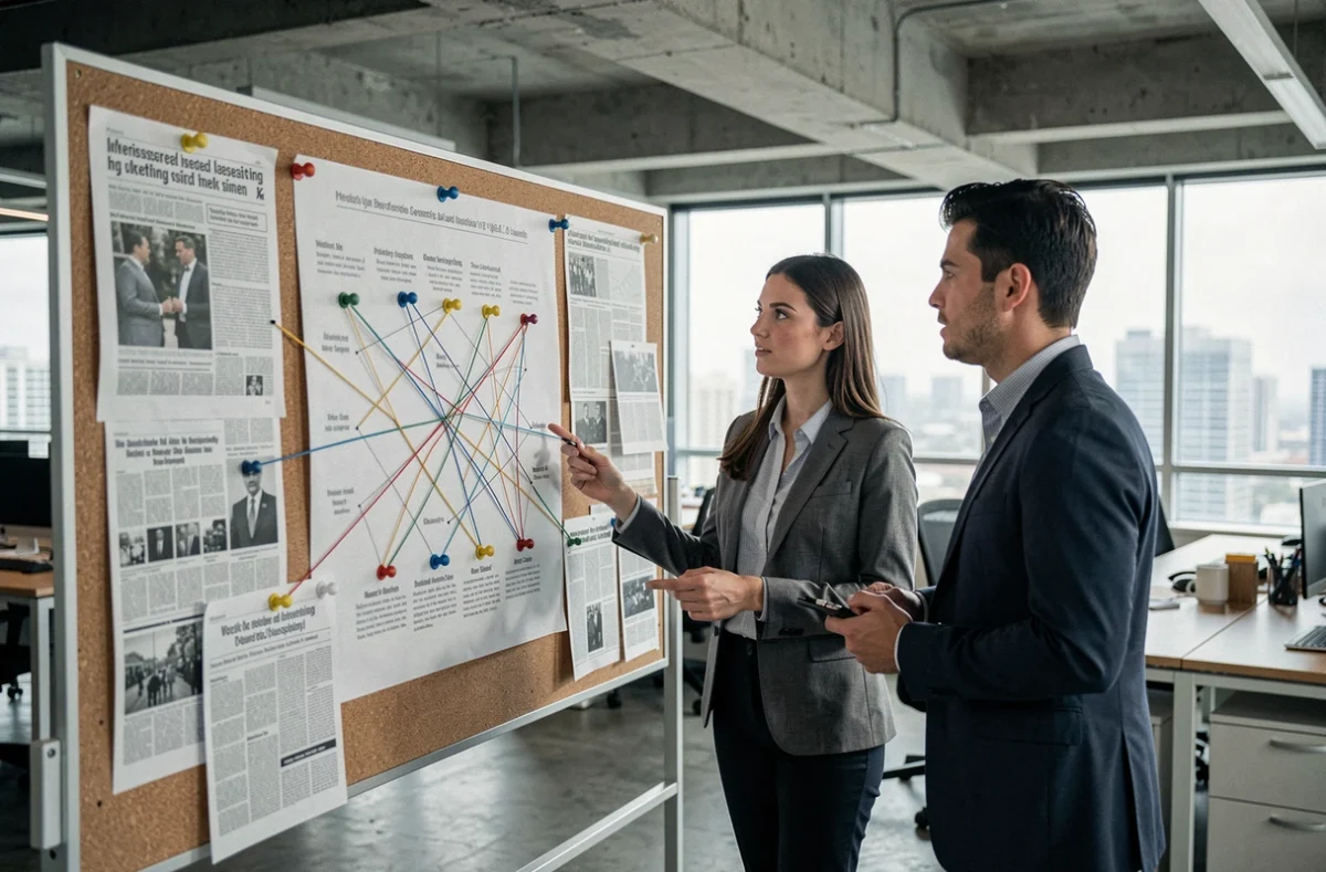 Deux collègues discutant devant un tableau d'enquête avec des coupures de presse dans un bureau moderne, représentant l'analyse critique entre faits et fiction