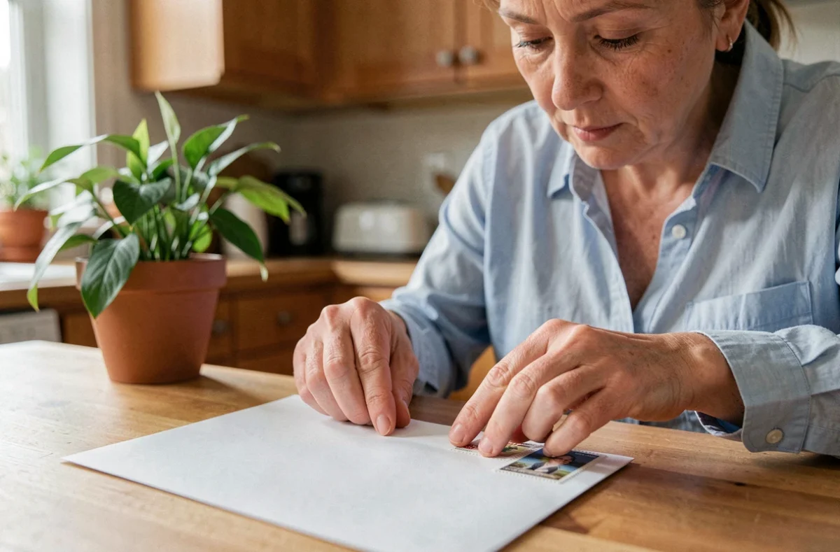 Femme adulte collant un timbre dans le bon coin d'une enveloppe blanche sur une table en bois