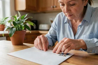Femme adulte collant un timbre dans le bon coin d'une enveloppe blanche sur une table en bois