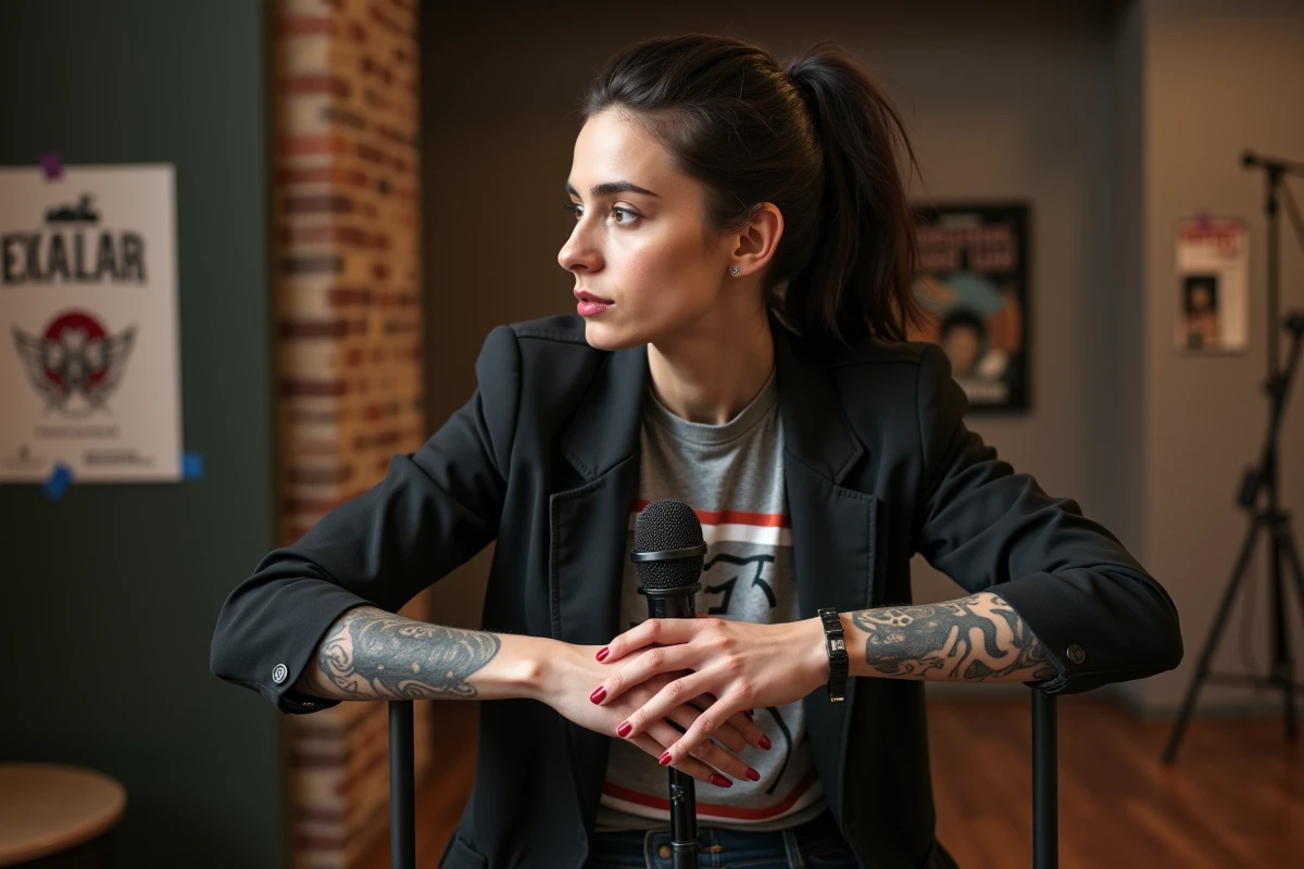 Comedienne avec tatouages en répétition en studio
