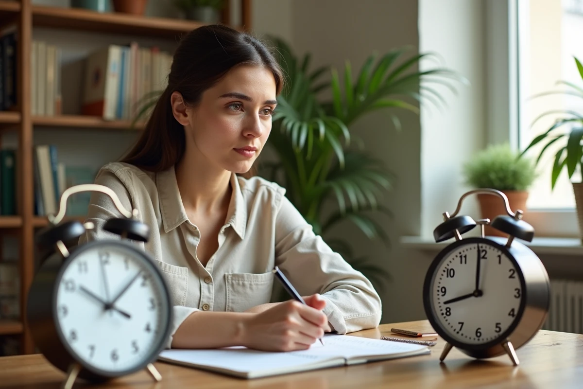 Femme comparant deux horloges analogiques indiquant l'heure de Paris et de La Réunion sur un bureau en bois